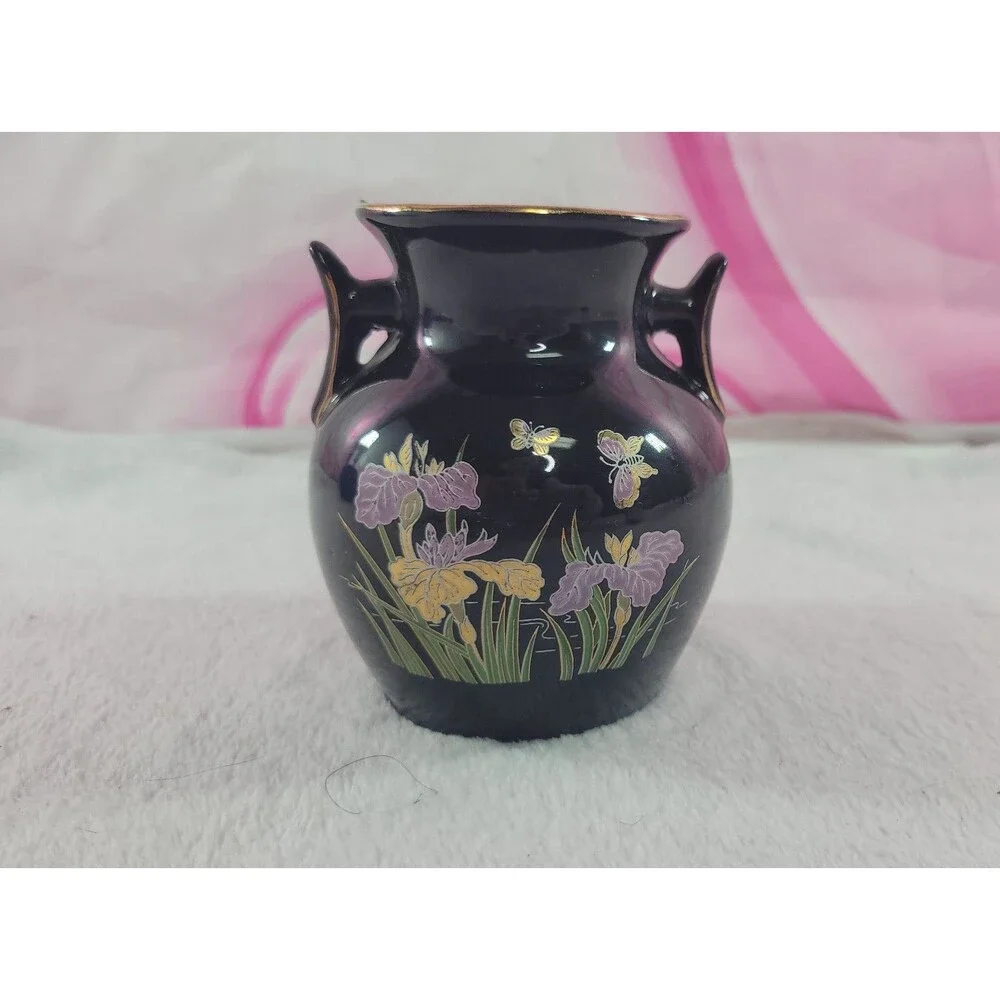 VTG Asian Double-Handle Porcelain Black Vase Gold-Trim Butterfly Floral 4